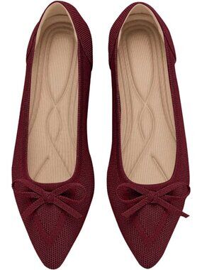 Women's Red Knit Flats Closed Pointed Toe Bow Knit Ballet Comfortable Shoes